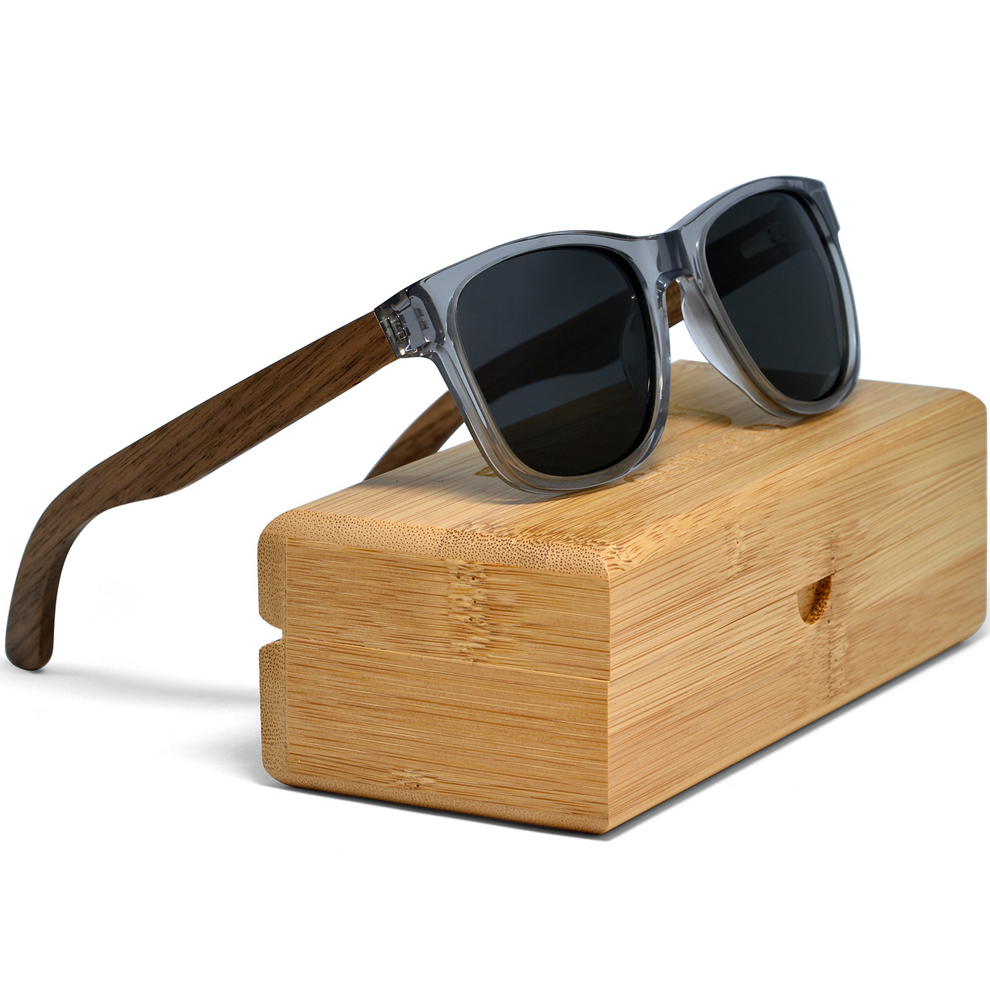 Walnut wood classic style sunglasses with black polarized lenses