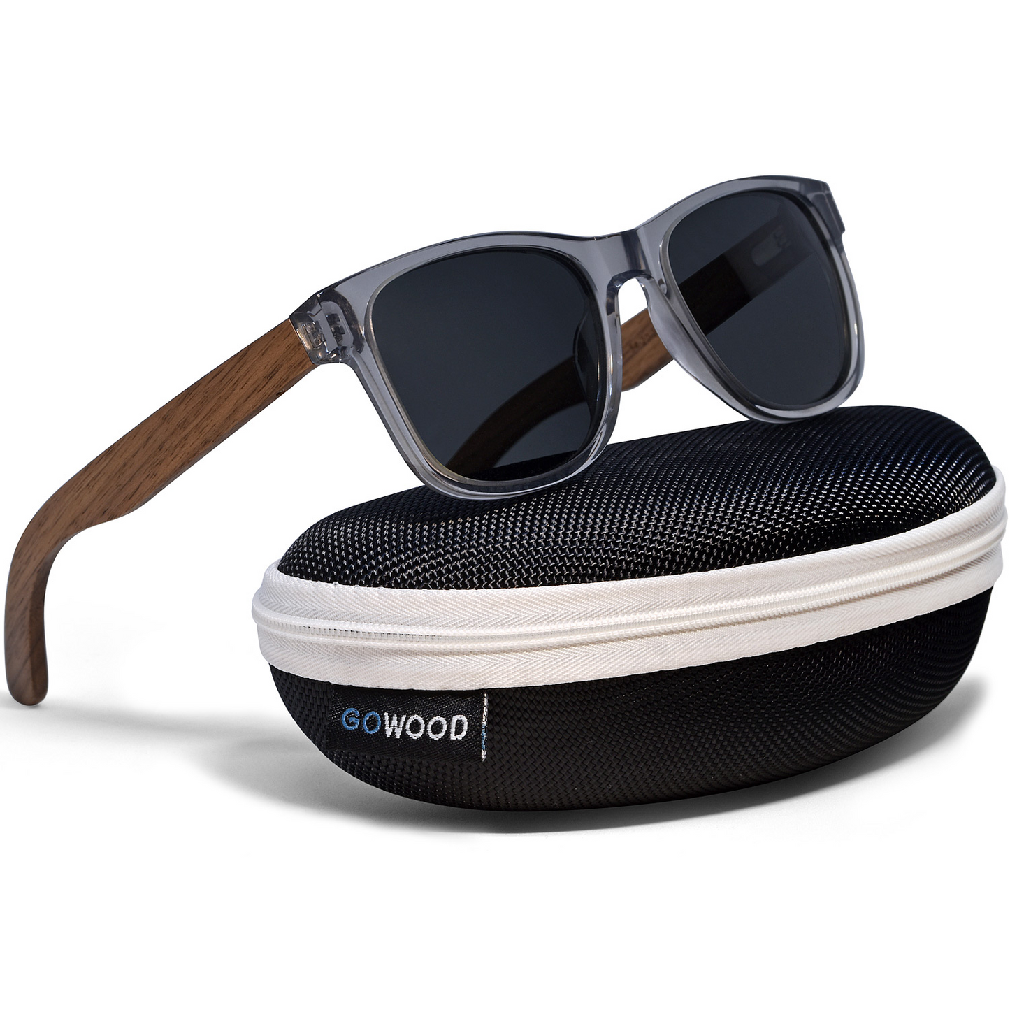 Walnut wood classic style sunglasses with black polarized lenses