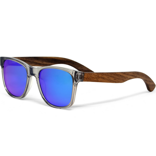 Walnut wood classic style sunglasses blue mirrored polarized lenses