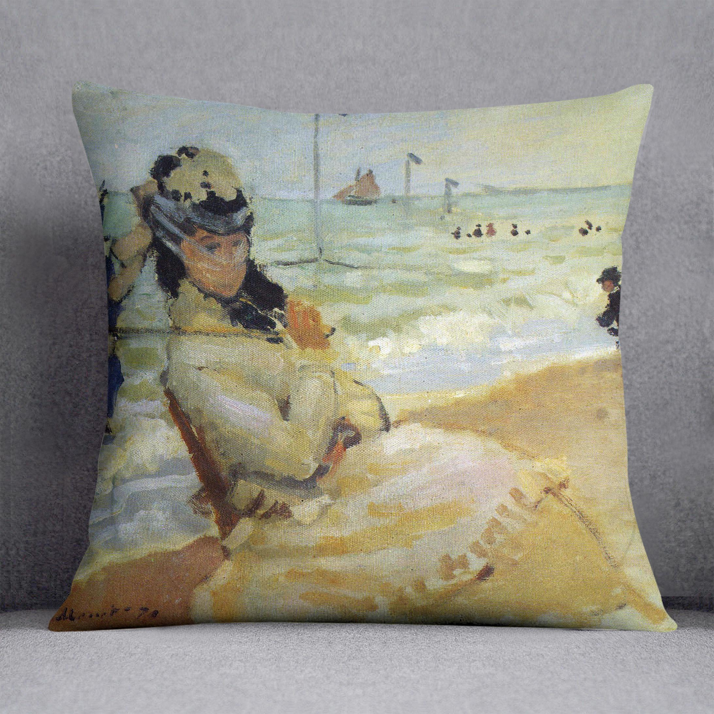 Camille on the beach at Trouville by Monet Cushion