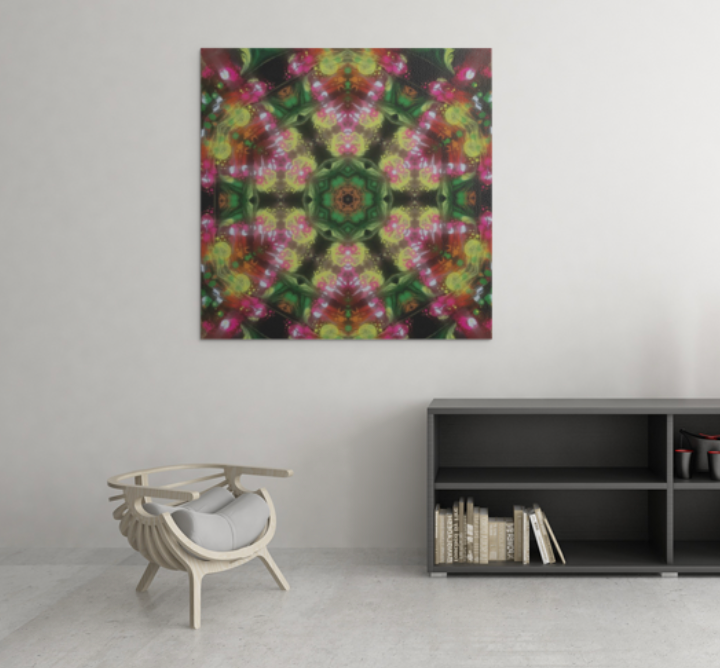 "Kaleidoscope Trail" by renowned Colombian artist Alejandro Gordillo - a stunning square canvas print that captures the essence of nature and vibrant color in a mesmerizing way. Hung in a modern living room.