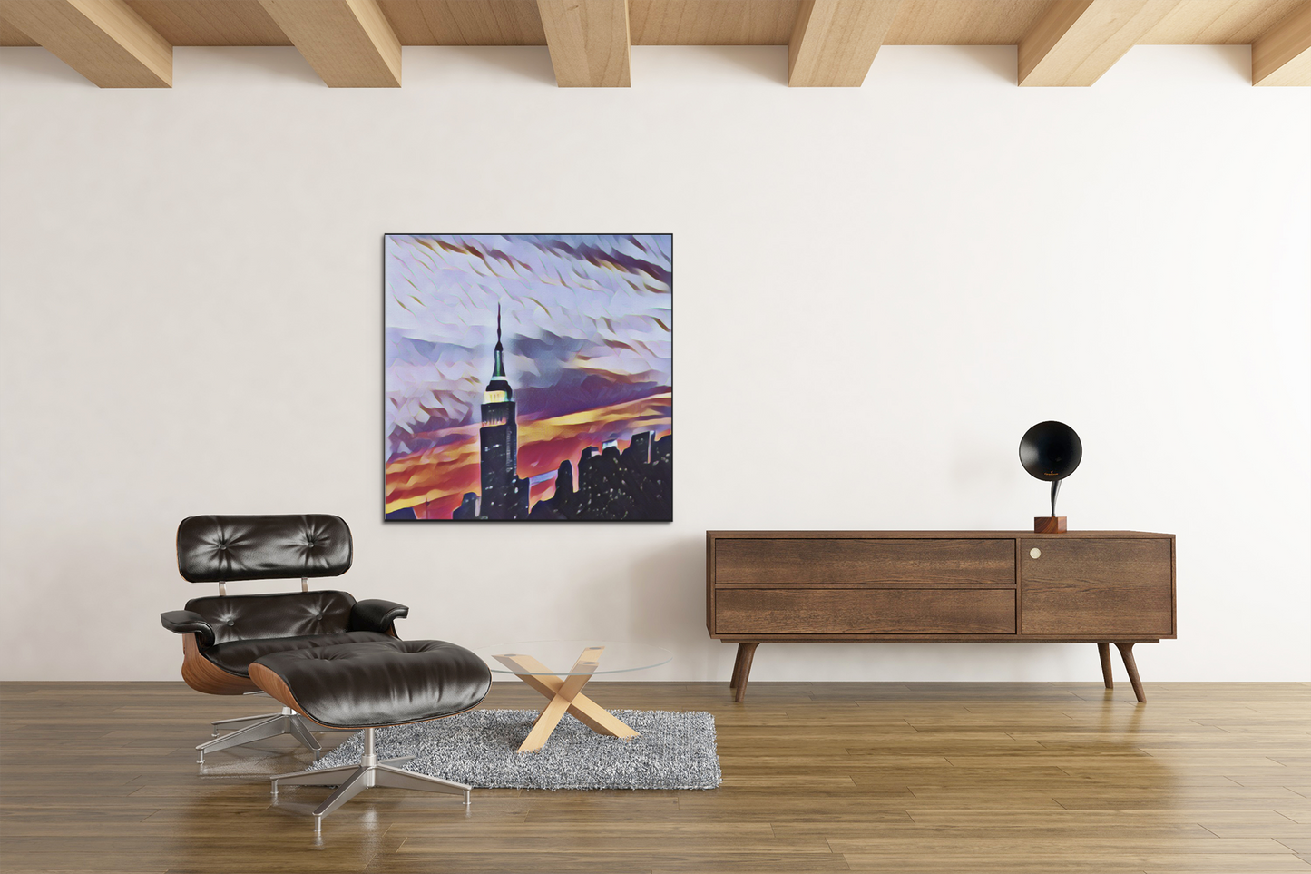 A picture of a stunning canvas print features a digitally enhanced photograph of the iconic Empire State Building and the skyline of New York City in a modern room .